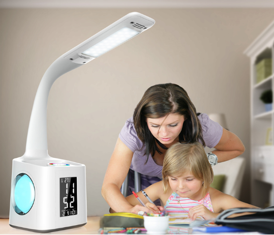 مصباح مكتب LED مع مأخذ كهربائي ، تقويم ، عرض درجة الحرارة ، إضاءة السرير ، الدراسة ، القراءة للأطفال